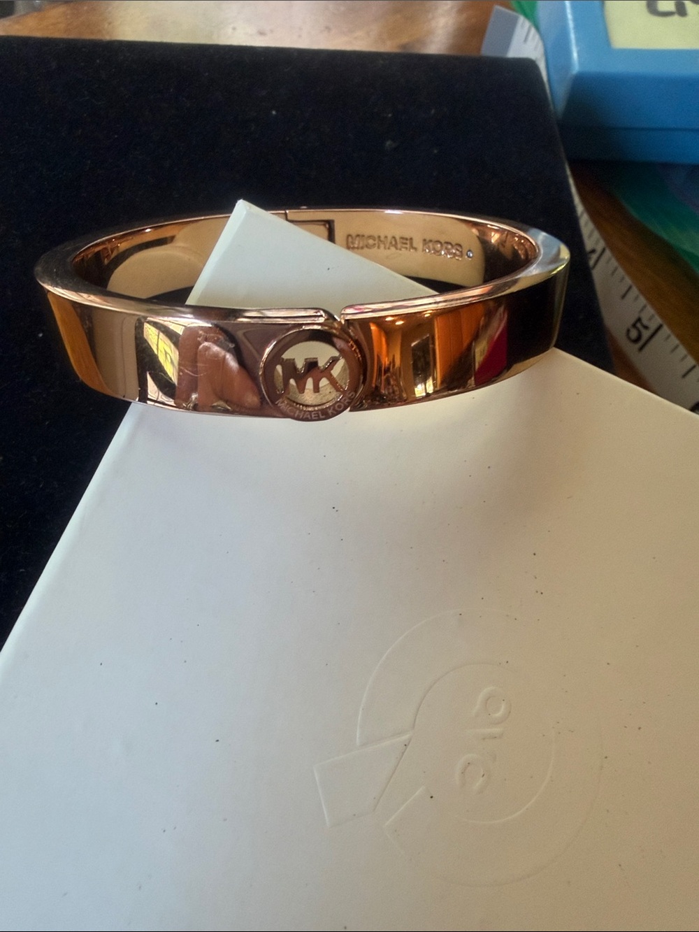 Michael Kors Rose Gold-Tone MK Logo Hinge Bangle Bracelet
